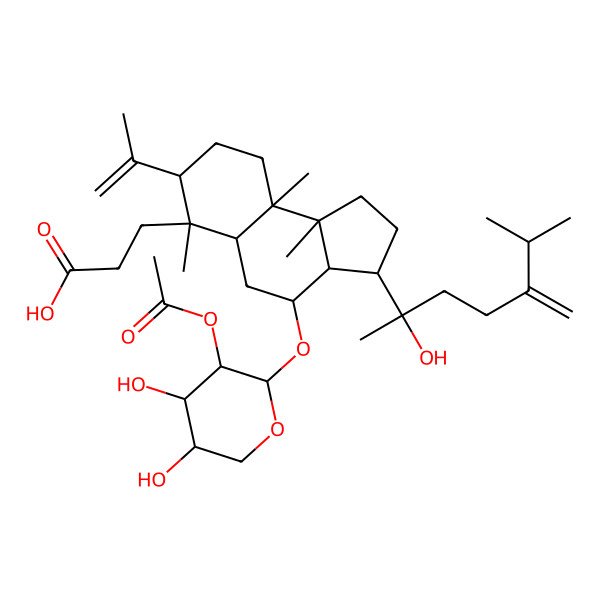 2D Structure of 3-[(3S,3aS,4R,5aR,6S,7S,9aR,9bR)-4-[(2S,3R,4S,5R)-3-acetyloxy-4,5-dihydroxyoxan-2-yl]oxy-3-[(2S)-2-hydroxy-6-methyl-5-methylideneheptan-2-yl]-6,9a,9b-trimethyl-7-prop-1-en-2-yl-1,2,3,3a,4,5,5a,7,8,9-decahydrocyclopenta[a]naphthalen-6-yl]propanoic acid