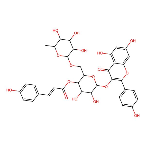 2D Structure of [(2R,3R,4R,5R,6S)-6-[5,7-dihydroxy-2-(4-hydroxyphenyl)-4-oxochromen-3-yl]oxy-4,5-dihydroxy-2-[[(2S,3R,4R,5R,6S)-3,4,5-trihydroxy-6-methyloxan-2-yl]oxymethyl]oxan-3-yl] (E)-3-(4-hydroxyphenyl)prop-2-enoate