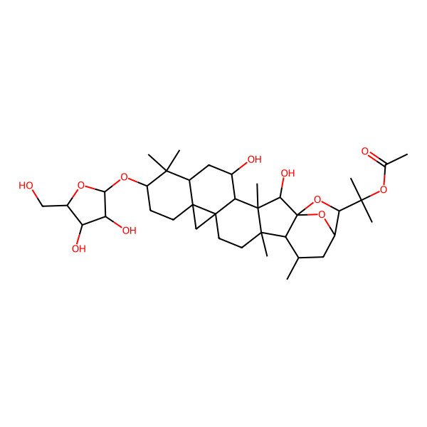 2D Structure of 2-[(1S,2R,3S,4R,5S,7R,9S,12R,14S,17R,18R,19R,21R,22S)-9-[(2R,3R,4R,5R)-3,4-dihydroxy-5-(hydroxymethyl)oxolan-2-yl]oxy-2,5-dihydroxy-3,8,8,17,19-pentamethyl-23,24-dioxaheptacyclo[19.2.1.01,18.03,17.04,14.07,12.012,14]tetracosan-22-yl]propan-2-yl acetate