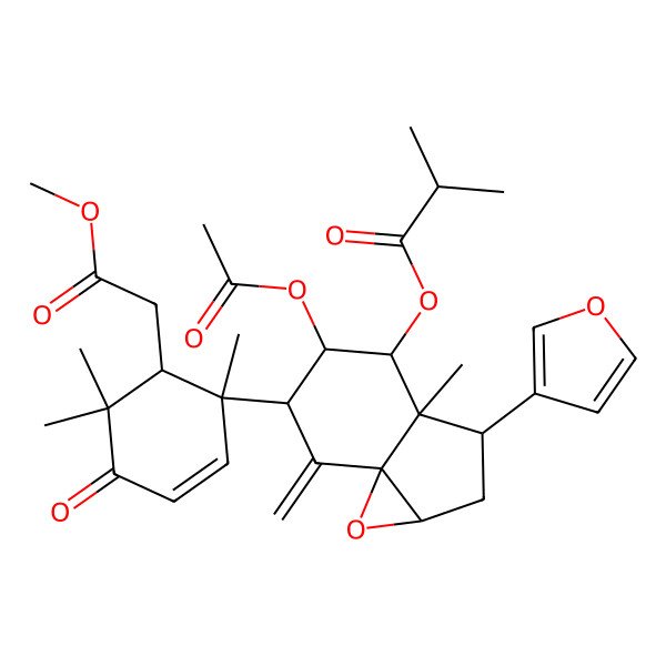 2D Structure of [(1aR,3S,3aR,4R,5R,6R,7aS)-5-acetyloxy-3-(furan-3-yl)-6-[(1S,6R)-6-(2-methoxy-2-oxoethyl)-1,5,5-trimethyl-4-oxocyclohex-2-en-1-yl]-3a-methyl-7-methylidene-1a,2,3,4,5,6-hexahydroindeno[1,7a-b]oxiren-4-yl] 2-methylpropanoate