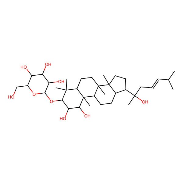 2D Structure of (2R,3R,4S,5S,6R)-2-[[(1S,2R,3R,5S,8R,9S,10R,13R,14R,17S)-1,2-dihydroxy-17-[(E,2R)-2-hydroxy-6-methylhept-4-en-2-yl]-4,4,8,10,14-pentamethyl-2,3,5,6,7,9,11,12,13,15,16,17-dodecahydro-1H-cyclopenta[a]phenanthren-3-yl]oxy]-6-(hydroxymethyl)oxane-3,4,5-triol