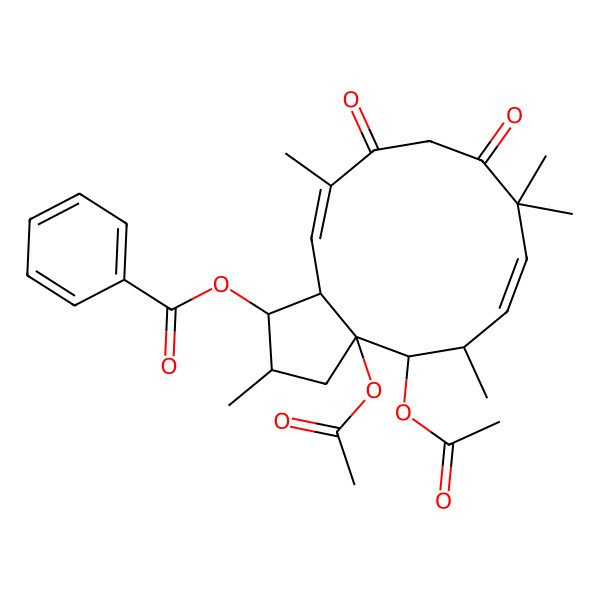 2D Structure of [(1S,2R,3aR,4R,5S,6E,12E,13aS)-3a,4-diacetyloxy-2,5,8,8,12-pentamethyl-9,11-dioxo-1,2,3,4,5,13a-hexahydrocyclopenta[12]annulen-1-yl] benzoate