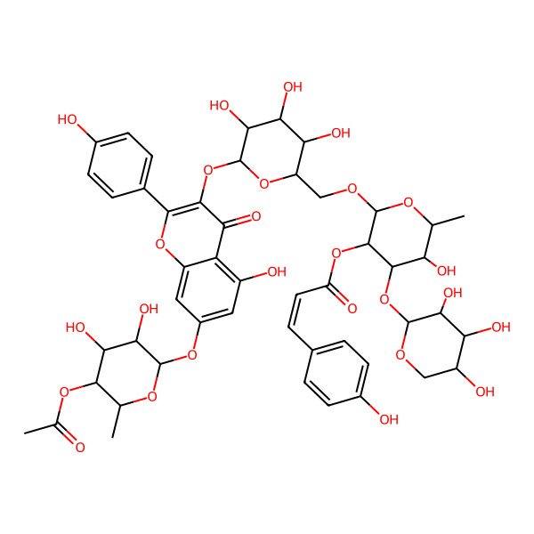 2D Structure of [(2R,3R,4R,5S,6S)-2-[[(2R,3S,4S,5R,6S)-6-[7-[(2S,3R,4S,5R,6S)-5-acetyloxy-3,4-dihydroxy-6-methyloxan-2-yl]oxy-5-hydroxy-2-(4-hydroxyphenyl)-4-oxochromen-3-yl]oxy-3,4,5-trihydroxyoxan-2-yl]methoxy]-5-hydroxy-6-methyl-4-[(2S,3R,4S,5R)-3,4,5-trihydroxyoxan-2-yl]oxyoxan-3-yl] (E)-3-(4-hydroxyphenyl)prop-2-enoate