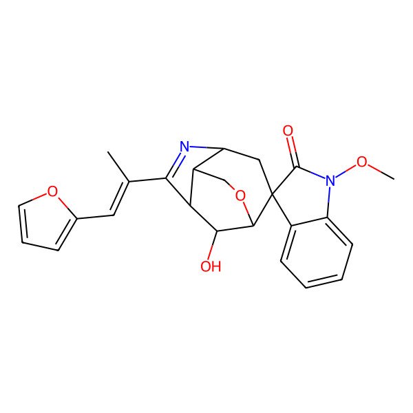 2D Structure of (1S,2S,4S,7R,8S,11R)-6-[(E)-1-(furan-2-yl)prop-1-en-2-yl]-11-hydroxy-1'-methoxyspiro[10-oxa-5-azatricyclo[5.3.1.04,8]undec-5-ene-2,3'-indole]-2'-one