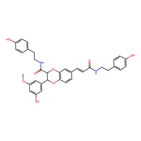 2D Structure of (2R,3S)-2-(3-hydroxy-5-methoxyphenyl)-N-[2-(4-hydroxyphenyl)ethyl]-6-[3-[2-(4-hydroxyphenyl)ethylamino]-3-oxoprop-1-enyl]-2,3-dihydro-1,4-benzodioxine-3-carboxamide