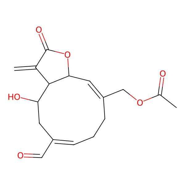 2D Structure of [(3aR,4S,6E,10Z,11aR)-6-formyl-4-hydroxy-3-methylidene-2-oxo-3a,4,5,8,9,11a-hexahydrocyclodeca[b]furan-10-yl]methyl acetate