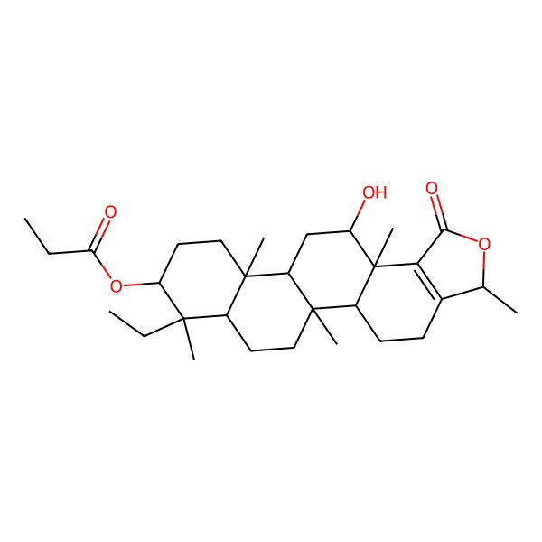 2D Structure of (8-ethyl-13-hydroxy-3,5b,8,11a,13a-pentamethyl-1-oxo-4,5,5a,6,7,7a,9,10,11,11b,12,13-dodecahydro-3H-phenanthro[2,1-e][2]benzofuran-9-yl) propanoate