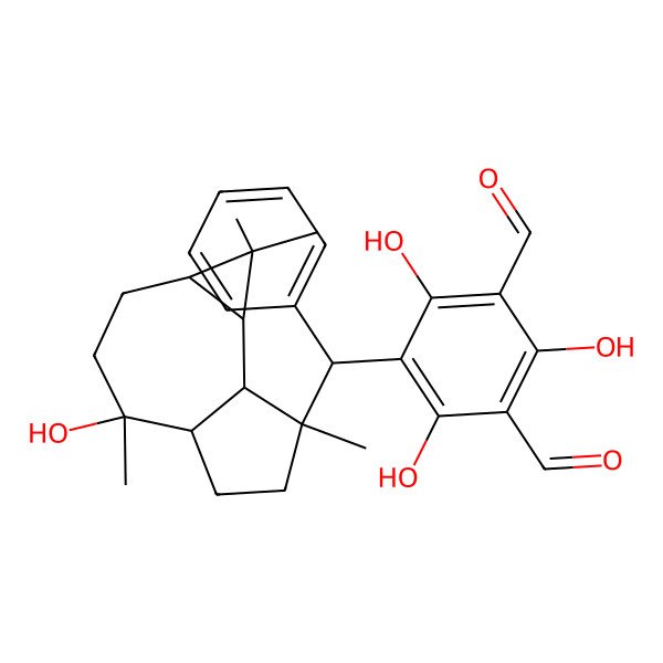 2D Structure of 2,4,6-Trihydroxy-5-[(4-hydroxy-1,1,4,7-tetramethyl-1a,2,3,4a,5,6,7a,7b-octahydrocyclopropa[h]azulen-7-yl)-phenylmethyl]benzene-1,3-dicarbaldehyde