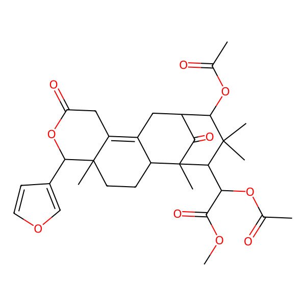2D Structure of Methyl 2-acetyloxy-2-[14-acetyloxy-6-(furan-3-yl)-1,5,15,15-tetramethyl-8,17-dioxo-7-oxatetracyclo[11.3.1.02,11.05,10]heptadec-10-en-16-yl]acetate