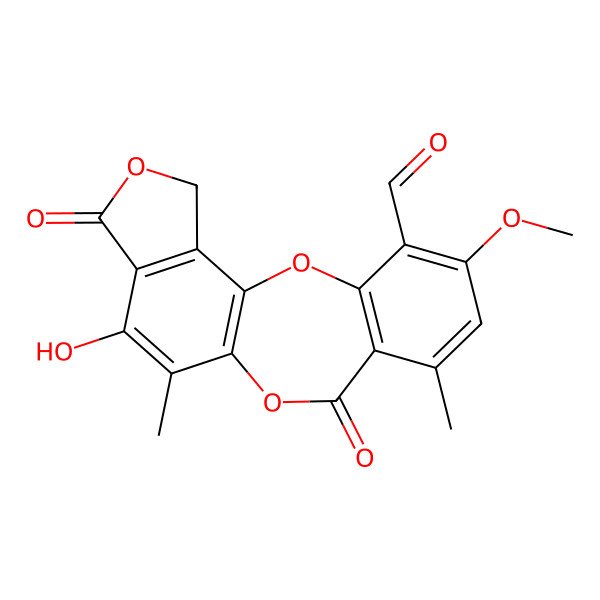 2D Structure of 13-Hydroxy-5-methoxy-7,12-dimethyl-9,15-dioxo-2,10,16-trioxatetracyclo[9.7.0.03,8.014,18]octadeca-1(11),3(8),4,6,12,14(18)-hexaene-4-carbaldehyde