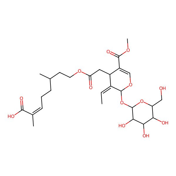 2D Structure of (E)-8-[2-[(2S,3E,4S)-3-ethylidene-5-methoxycarbonyl-2-[(2S,3R,4S,5S,6R)-3,4,5-trihydroxy-6-(hydroxymethyl)oxan-2-yl]oxy-4H-pyran-4-yl]acetyl]oxy-2,6-dimethyloct-2-enoic acid
