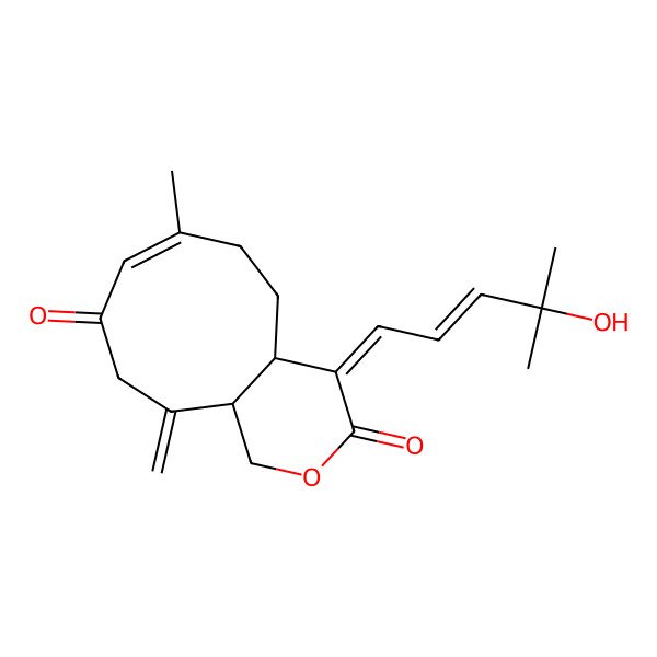 2D Structure of 4-(4-hydroxy-4-methylpent-2-enylidene)-7-methyl-11-methylidene-4a,5,6,11a-tetrahydro-1H-cyclonona[c]pyran-3,9-dione