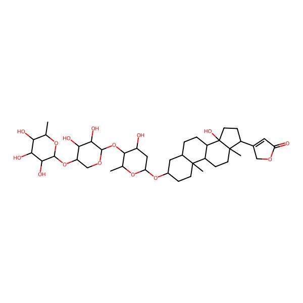 2D Structure of 3-[3-[5-[3,4-dihydroxy-5-(3,4,5-trihydroxy-6-methyloxan-2-yl)oxyoxan-2-yl]oxy-4-hydroxy-6-methyloxan-2-yl]oxy-14-hydroxy-10,13-dimethyl-1,2,3,4,5,6,7,8,9,11,12,15,16,17-tetradecahydrocyclopenta[a]phenanthren-17-yl]-2H-furan-5-one