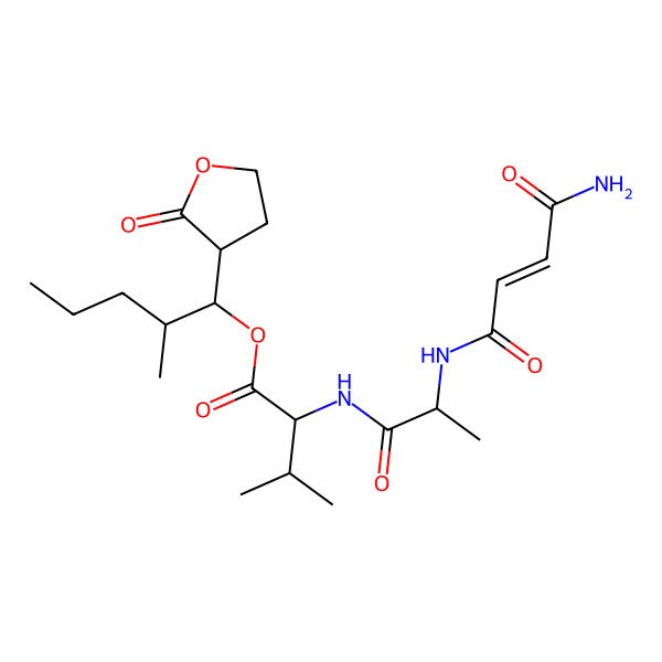 2D Structure of [(2R)-2-methyl-1-(2-oxooxolan-3-yl)pentyl] (2R)-2-[[(2S)-2-[[(E)-4-amino-4-oxobut-2-enoyl]amino]propanoyl]amino]-3-methylbutanoate