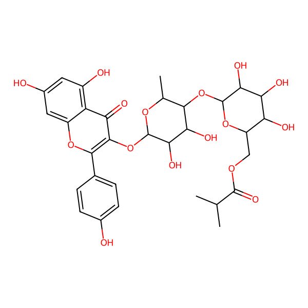 2D Structure of [(2R,3S,4S,5R,6S)-6-[(2S,3R,4S,5R,6S)-6-[5,7-dihydroxy-2-(4-hydroxyphenyl)-4-oxochromen-3-yl]oxy-4,5-dihydroxy-2-methyloxan-3-yl]oxy-3,4,5-trihydroxyoxan-2-yl]methyl 2-methylpropanoate