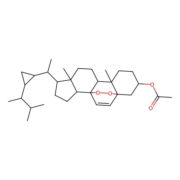 2D Structure of [(1S,2R,5R,6R,9R,10R,13S,15S)-6,10-dimethyl-5-[(1R)-1-[(1R,2R)-2-[(2R)-3-methylbutan-2-yl]cyclopropyl]ethyl]-16,17-dioxapentacyclo[13.2.2.01,9.02,6.010,15]nonadec-18-en-13-yl] acetate