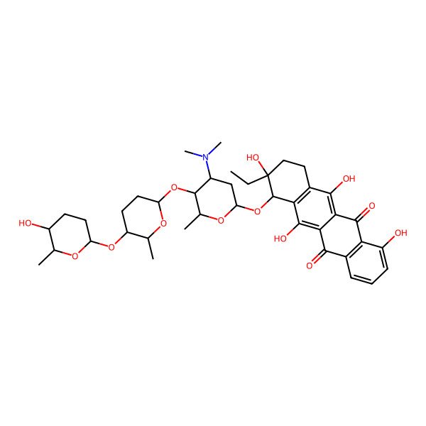 2D Structure of (9R,10R)-10-[4-(dimethylamino)-5-[5-(5-hydroxy-6-methyloxan-2-yl)oxy-6-methyloxan-2-yl]oxy-6-methyloxan-2-yl]oxy-9-ethyl-4,6,9,11-tetrahydroxy-8,10-dihydro-7H-tetracene-5,12-dione