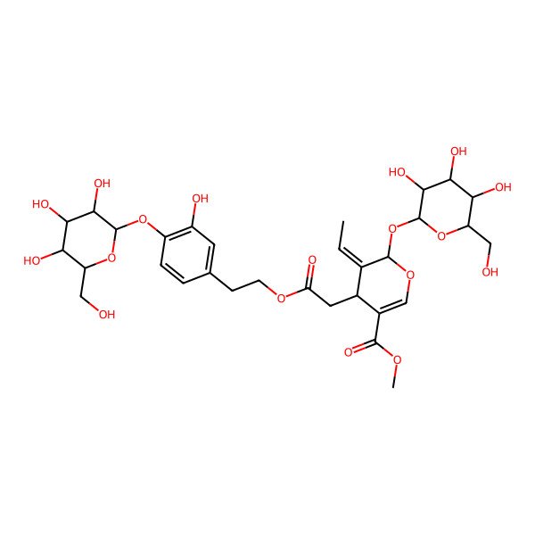 2D Structure of methyl (4S,5E,6S)-5-ethylidene-4-[2-[2-[3-hydroxy-4-[(2S,3R,4S,5S,6R)-3,4,5-trihydroxy-6-(hydroxymethyl)oxan-2-yl]oxyphenyl]ethoxy]-2-oxoethyl]-6-[(2S,3R,4S,5S,6R)-3,4,5-trihydroxy-6-(hydroxymethyl)oxan-2-yl]oxy-4H-pyran-3-carboxylate
