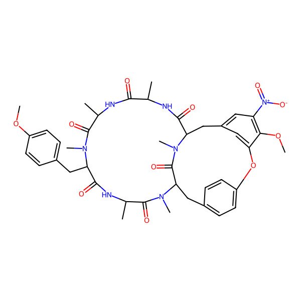 2D Structure of (1S,4R,7S,10S,13S,16S)-24-methoxy-10-[(4-methoxyphenyl)methyl]-4,7,9,13,15,29-hexamethyl-25-nitro-22-oxa-3,6,9,12,15,29-hexazatetracyclo[14.12.2.218,21.123,27]tritriaconta-18,20,23(31),24,26,32-hexaene-2,5,8,11,14,30-hexone