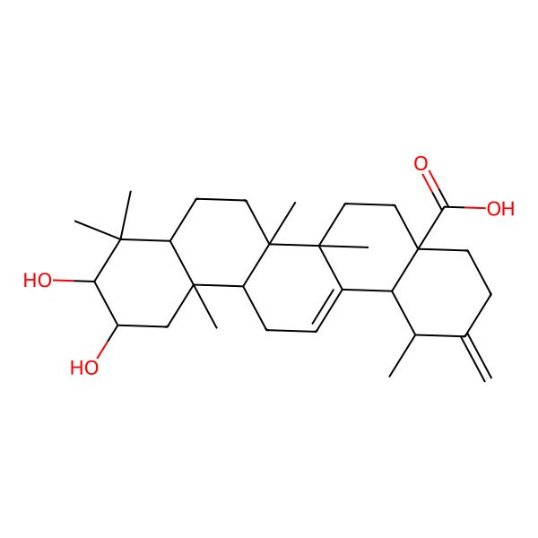 2D Structure of (1R,4aS,6aR,6aS,6bR,8aR,10S,11R,12aR,14bS)-10,11-dihydroxy-1,6a,6b,9,9,12a-hexamethyl-2-methylidene-1,3,4,5,6,6a,7,8,8a,10,11,12,13,14b-tetradecahydropicene-4a-carboxylic acid