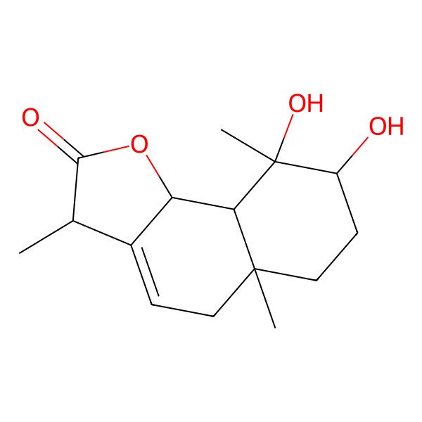 2D Structure of (3S,5aS,8R,9S,9aS,9bS)-8,9-dihydroxy-3,5a,9-trimethyl-5,6,7,8,9a,9b-hexahydro-3H-benzo[g][1]benzofuran-2-one