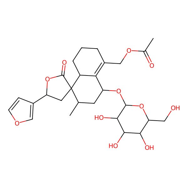 2D Structure of [(4aS,5R,5'S,6R,8R)-5'-(furan-3-yl)-6-methyl-2'-oxo-8-[(2R,3R,4S,5S,6R)-3,4,5-trihydroxy-6-(hydroxymethyl)oxan-2-yl]oxyspiro[3,4,4a,6,7,8-hexahydro-2H-naphthalene-5,3'-oxolane]-1-yl]methyl acetate