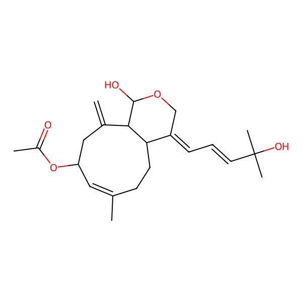 2D Structure of [(1S,4E,4aS,7E,9S,11aR)-1-hydroxy-4-[(E)-4-hydroxy-4-methylpent-2-enylidene]-7-methyl-11-methylidene-4a,5,6,9,10,11a-hexahydro-1H-cyclonona[c]pyran-9-yl] acetate