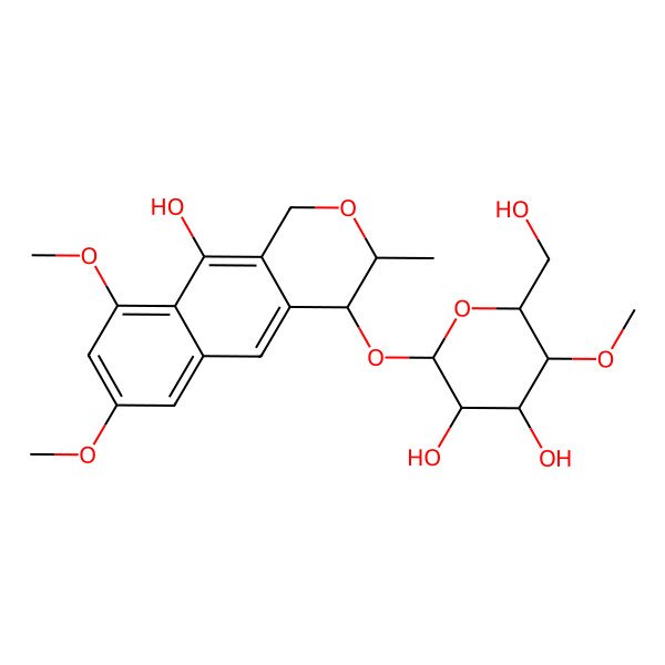 2D Structure of 2-[(10-hydroxy-7,9-dimethoxy-3-methyl-3,4-dihydro-1H-benzo[g]isochromen-4-yl)oxy]-6-(hydroxymethyl)-5-methoxyoxane-3,4-diol