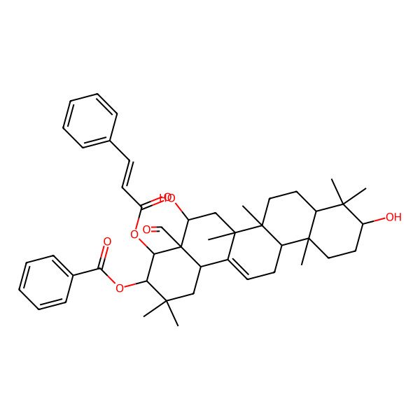 2D Structure of [(3R,4R,4aR,5R,6aS,6bR,10S,12aR)-4a-formyl-5,10-dihydroxy-2,2,6a,6b,9,9,12a-heptamethyl-4-[(Z)-3-phenylprop-2-enoyl]oxy-1,3,4,5,6,6a,7,8,8a,10,11,12,13,14b-tetradecahydropicen-3-yl] benzoate