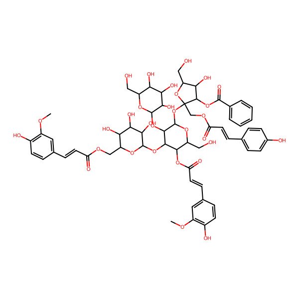 2D Structure of [(2S,3S,4R,5R)-4-hydroxy-2-[(2R,3R,4S,5R,6R)-5-[(E)-3-(4-hydroxy-3-methoxyphenyl)prop-2-enoyl]oxy-6-(hydroxymethyl)-4-[(2S,3R,4S,5S,6R)-3,4,5-trihydroxy-6-[[(E)-3-(4-hydroxy-3-methoxyphenyl)prop-2-enoyl]oxymethyl]oxan-2-yl]oxy-3-[(2R,3R,4S,5S,6R)-3,4,5-trihydroxy-6-(hydroxymethyl)oxan-2-yl]oxyoxan-2-yl]oxy-5-(hydroxymethyl)-2-[[(E)-3-(4-hydroxyphenyl)prop-2-enoyl]oxymethyl]oxolan-3-yl] benzoate