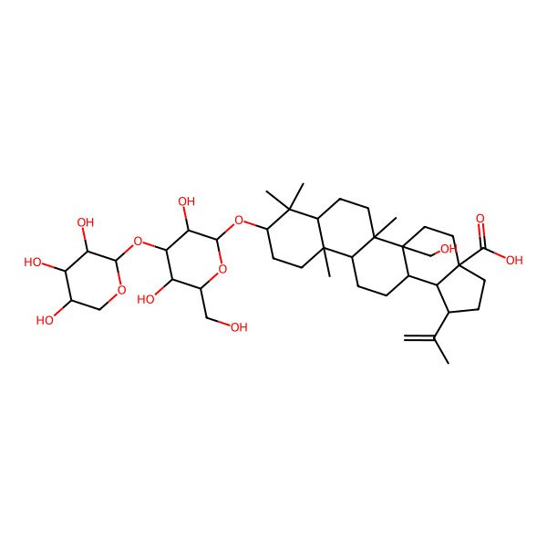 2D Structure of 9-[3,5-Dihydroxy-6-(hydroxymethyl)-4-(3,4,5-trihydroxyoxan-2-yl)oxyoxan-2-yl]oxy-5a-(hydroxymethyl)-5b,8,8,11a-tetramethyl-1-prop-1-en-2-yl-1,2,3,4,5,6,7,7a,9,10,11,11b,12,13,13a,13b-hexadecahydrocyclopenta[a]chrysene-3a-carboxylic acid