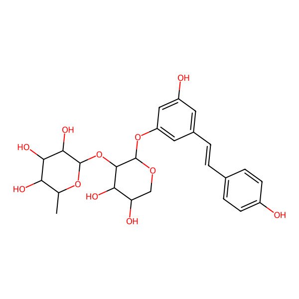 2D Structure of (2S,3R,4R,5R,6S)-2-[(2S,3S,4S,5S)-4,5-dihydroxy-2-[3-hydroxy-5-[(E)-2-(4-hydroxyphenyl)ethenyl]phenoxy]oxan-3-yl]oxy-6-methyloxane-3,4,5-triol