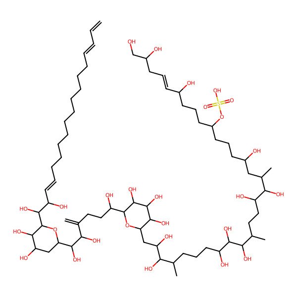2D Structure of [(E)-31-[6-[6-[6-[(3E,15E)-1,2-dihydroxyoctadeca-3,15,17-trienyl]-4,5-dihydroxyoxan-2-yl]-1,5,6-trihydroxy-4-methylidenehexyl]-3,4,5-trihydroxyoxan-2-yl]-1,2,6,14,17,18,22,23,24,29,30-undecahydroxy-16,21,28-trimethylhentriacont-4-en-10-yl] hydrogen sulfate