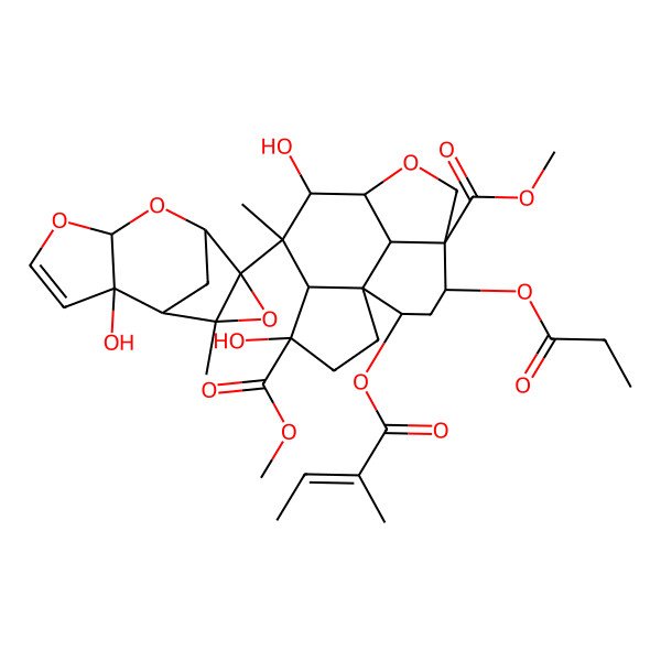 2D Structure of dimethyl (1S,4R,6S,7S,8R,11S,12R,14S,15R)-4,7-dihydroxy-6-[(6S,8R)-2-hydroxy-11-methyl-5,7,10-trioxatetracyclo[6.3.1.02,6.09,11]dodec-3-en-9-yl]-6-methyl-14-[(E)-2-methylbut-2-enoyl]oxy-12-propanoyloxy-9-oxatetracyclo[6.6.1.01,5.011,15]pentadecane-4,11-dicarboxylate