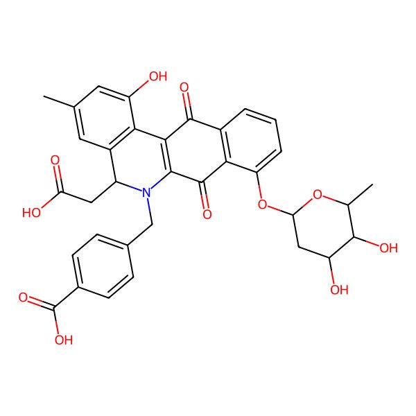 2D Structure of 4-[[(5S)-5-(carboxymethyl)-8-[(2S,4R,5R,6S)-4,5-dihydroxy-6-methyloxan-2-yl]oxy-1-hydroxy-3-methyl-7,12-dioxo-5H-benzo[b]phenanthridin-6-yl]methyl]benzoic acid