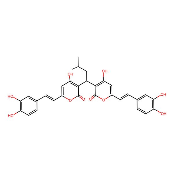 2D Structure of 6-[2-(3,4-Dihydroxyphenyl)ethenyl]-3-[1-[6-[2-(3,4-dihydroxyphenyl)ethenyl]-4-hydroxy-2-oxopyran-3-yl]-3-methylbutyl]-4-hydroxypyran-2-one