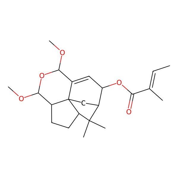2D Structure of (5,7-Dimethoxy-14,14-dimethyl-6-oxatetracyclo[9.2.1.04,12.08,12]tetradec-3-en-2-yl) 2-methylbut-2-enoate