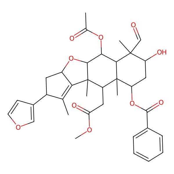 2D Structure of [(1S,2R,3R,4S,5R,7S,8R,9R,10R,13R,15R)-2-acetyloxy-4-formyl-13-(furan-3-yl)-5-hydroxy-9-(2-methoxy-2-oxoethyl)-4,8,10,12-tetramethyl-16-oxatetracyclo[8.6.0.03,8.011,15]hexadec-11-en-7-yl] benzoate