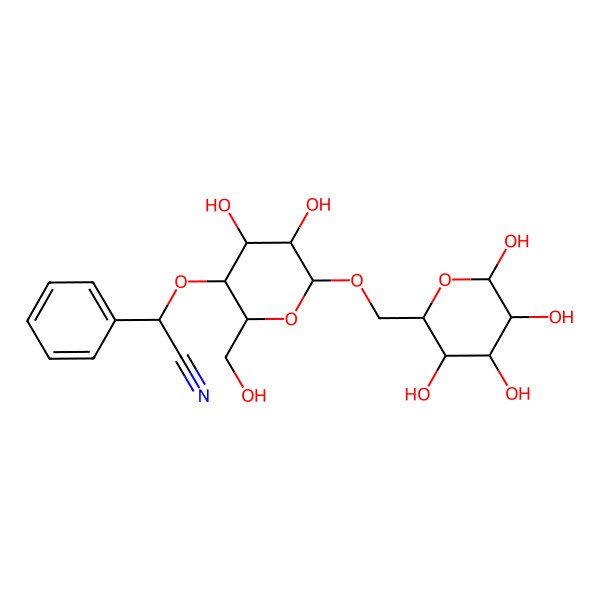 2D Structure of (2R)-2-[(2R,3S,4R,5R,6R)-4,5-dihydroxy-2-(hydroxymethyl)-6-[[(2R,3S,4S,5R,6R)-3,4,5,6-tetrahydroxyoxan-2-yl]methoxy]oxan-3-yl]oxy-2-phenylacetonitrile