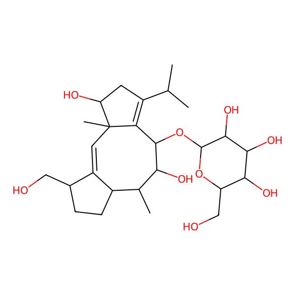 2D Structure of 2-[[4,9-Dihydroxy-14-(hydroxymethyl)-3,10-dimethyl-6-propan-2-yl-8-tricyclo[9.3.0.03,7]tetradeca-1,6-dienyl]oxy]-6-(hydroxymethyl)oxane-3,4,5-triol