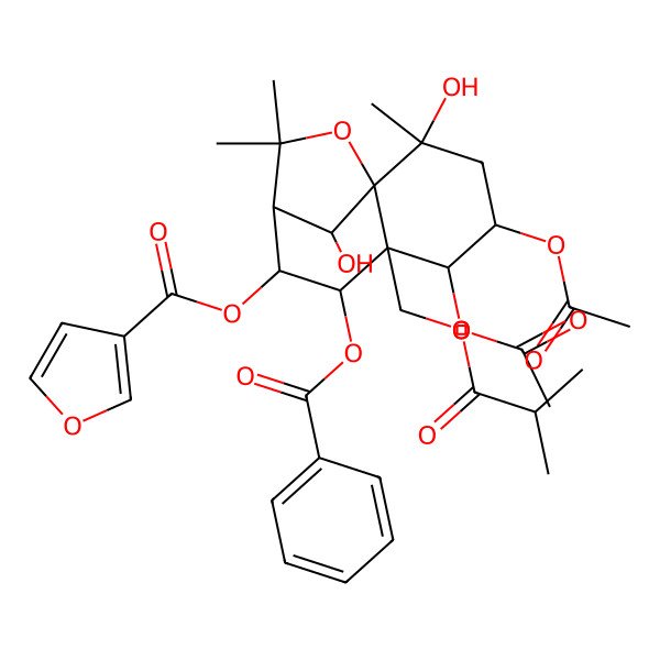 2D Structure of [4,5-Diacetyloxy-7-benzoyloxy-2,12-dihydroxy-2,10,10-trimethyl-6-(2-methylpropanoyloxymethyl)-11-oxatricyclo[7.2.1.01,6]dodecan-8-yl] furan-3-carboxylate