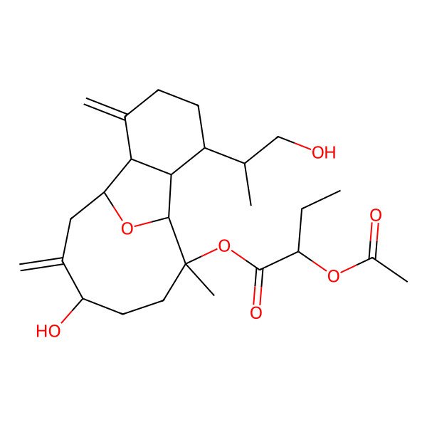 2D Structure of [12-Hydroxy-6-(1-hydroxypropan-2-yl)-9-methyl-3,13-dimethylidene-15-oxatricyclo[6.6.1.02,7]pentadecan-9-yl] 2-acetyloxybutanoate