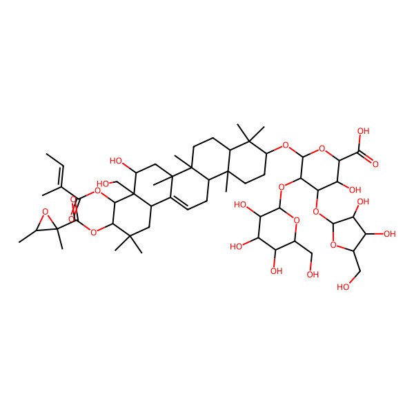 2D Structure of 4-[3,4-Dihydroxy-5-(hydroxymethyl)oxolan-2-yl]oxy-6-[[10-(2,3-dimethyloxirane-2-carbonyl)oxy-8-hydroxy-8a-(hydroxymethyl)-4,4,6a,6b,11,11,14b-heptamethyl-9-(2-methylbut-2-enoyloxy)-1,2,3,4a,5,6,7,8,9,10,12,12a,14,14a-tetradecahydropicen-3-yl]oxy]-3-hydroxy-5-[3,4,5-trihydroxy-6-(hydroxymethyl)oxan-2-yl]oxyoxane-2-carboxylic acid