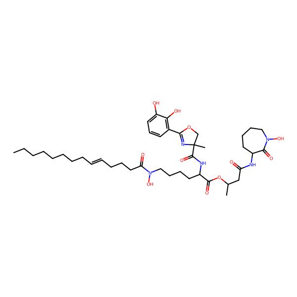 2D Structure of [4-[(1-hydroxy-2-oxoazepan-3-yl)amino]-4-oxobutan-2-yl] 2-[[2-(2,3-dihydroxyphenyl)-4-methyl-5H-1,3-oxazole-4-carbonyl]amino]-6-[hydroxy(tetradec-5-enoyl)amino]hexanoate