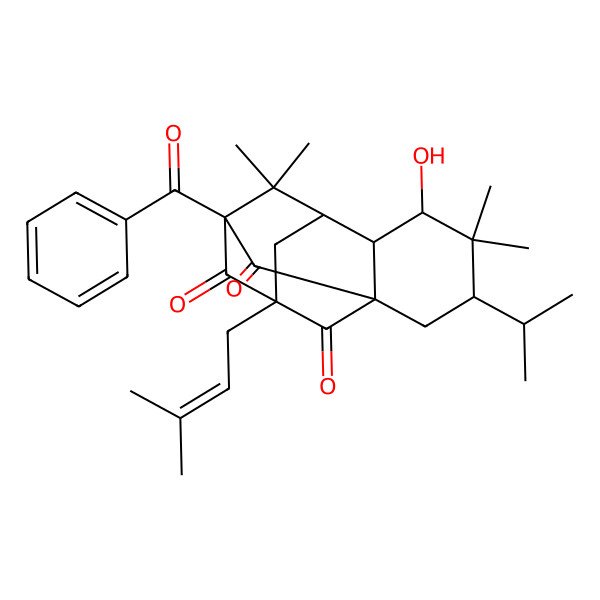 2D Structure of (3R,5R,6S,7R,9R,11S)-9-benzoyl-5-hydroxy-4,4,8,8-tetramethyl-11-(3-methylbut-2-enyl)-3-propan-2-yltetracyclo[7.3.1.17,11.01,6]tetradecane-10,12,13-trione