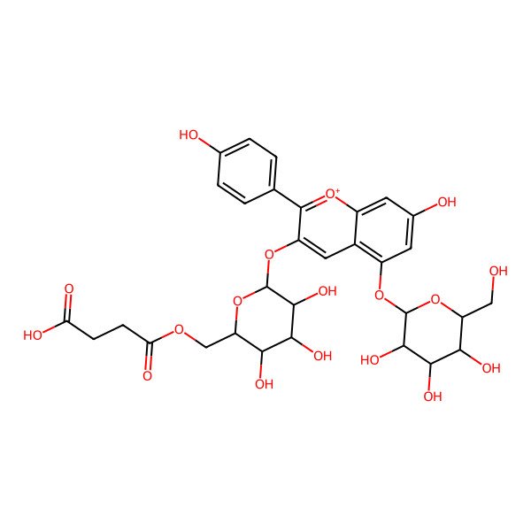 2D Structure of 4-oxo-4-[[(2R,3S,4S,5R,6S)-3,4,5-trihydroxy-6-[7-hydroxy-2-(4-hydroxyphenyl)-5-[(2S,3R,4S,5S,6S)-3,4,5-trihydroxy-6-(hydroxymethyl)oxan-2-yl]oxychromenylium-3-yl]oxyoxan-2-yl]methoxy]butanoic acid