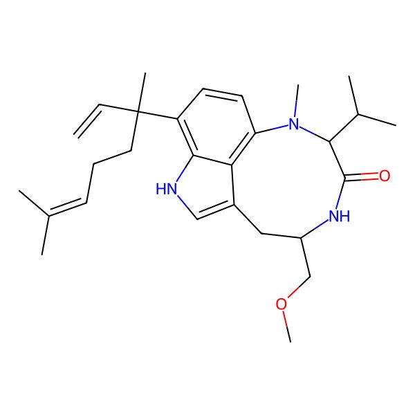 2D Structure of 5-(3,7-Dimethylocta-1,6-dien-3-yl)-13-(methoxymethyl)-9-methyl-10-propan-2-yl-3,9,12-triazatricyclo[6.6.1.04,15]pentadeca-1,4,6,8(15)-tetraen-11-one