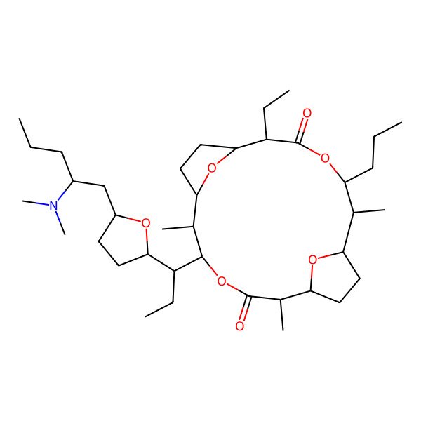 2D Structure of 14-[1-[5-[2-(Dimethylamino)pentyl]oxolan-2-yl]propyl]-2-ethyl-6,11,15-trimethyl-5-propyl-4,13,19,20-tetraoxatricyclo[14.2.1.17,10]icosane-3,12-dione