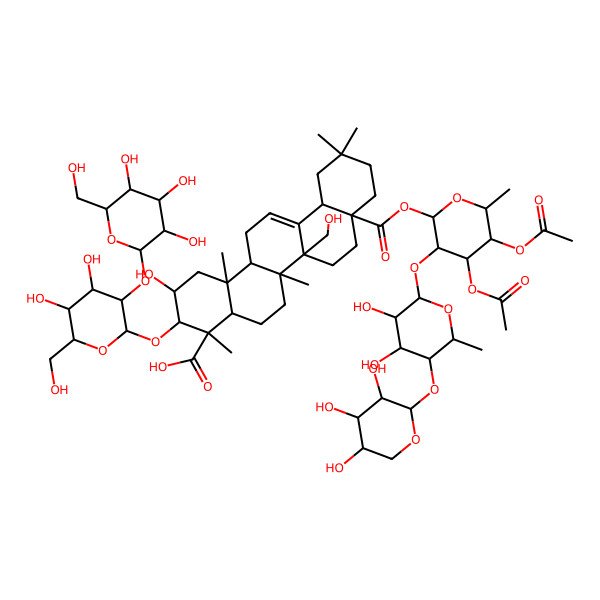 2D Structure of 8a-[4,5-Diacetyloxy-3-[3,4-dihydroxy-6-methyl-5-(3,4,5-trihydroxyoxan-2-yl)oxyoxan-2-yl]oxy-6-methyloxan-2-yl]oxycarbonyl-3-[4,5-dihydroxy-6-(hydroxymethyl)-3-[3,4,5-trihydroxy-6-(hydroxymethyl)oxan-2-yl]oxyoxan-2-yl]oxy-2-hydroxy-6b-(hydroxymethyl)-4,6a,11,11,14b-pentamethyl-1,2,3,4a,5,6,7,8,9,10,12,12a,14,14a-tetradecahydropicene-4-carboxylic acid