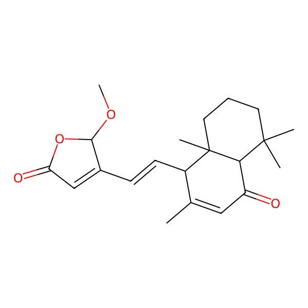2D Structure of 3-[2-(2,5,5,8a-tetramethyl-4-oxo-4a,6,7,8-tetrahydro-1H-naphthalen-1-yl)ethenyl]-2-methoxy-2H-furan-5-one